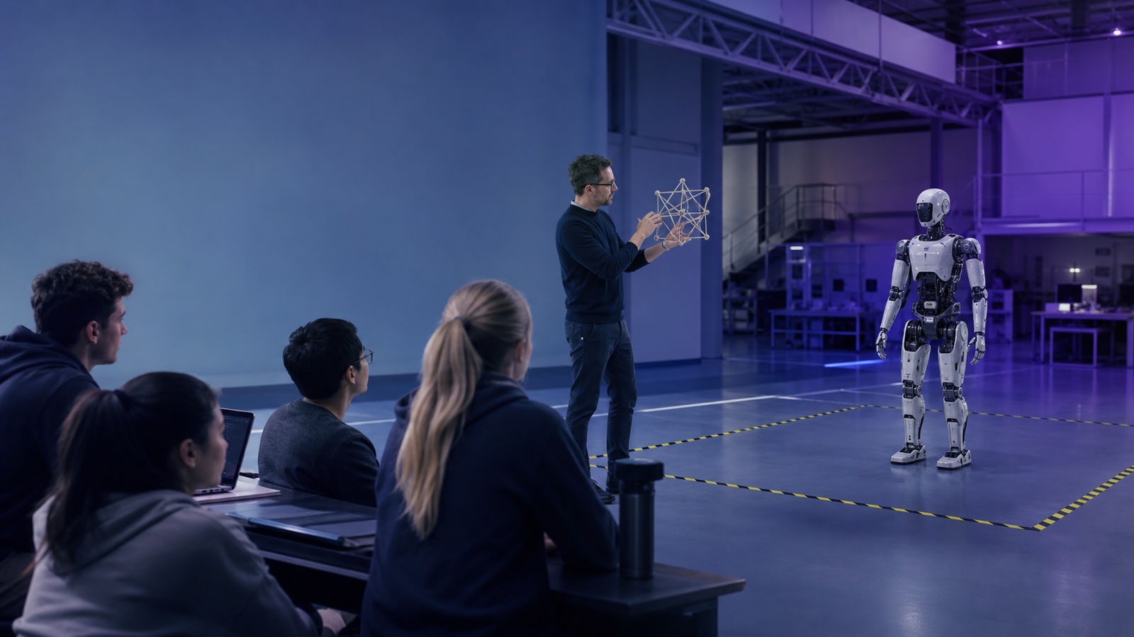 Students and researchers conducting robot experiments in a laboratory